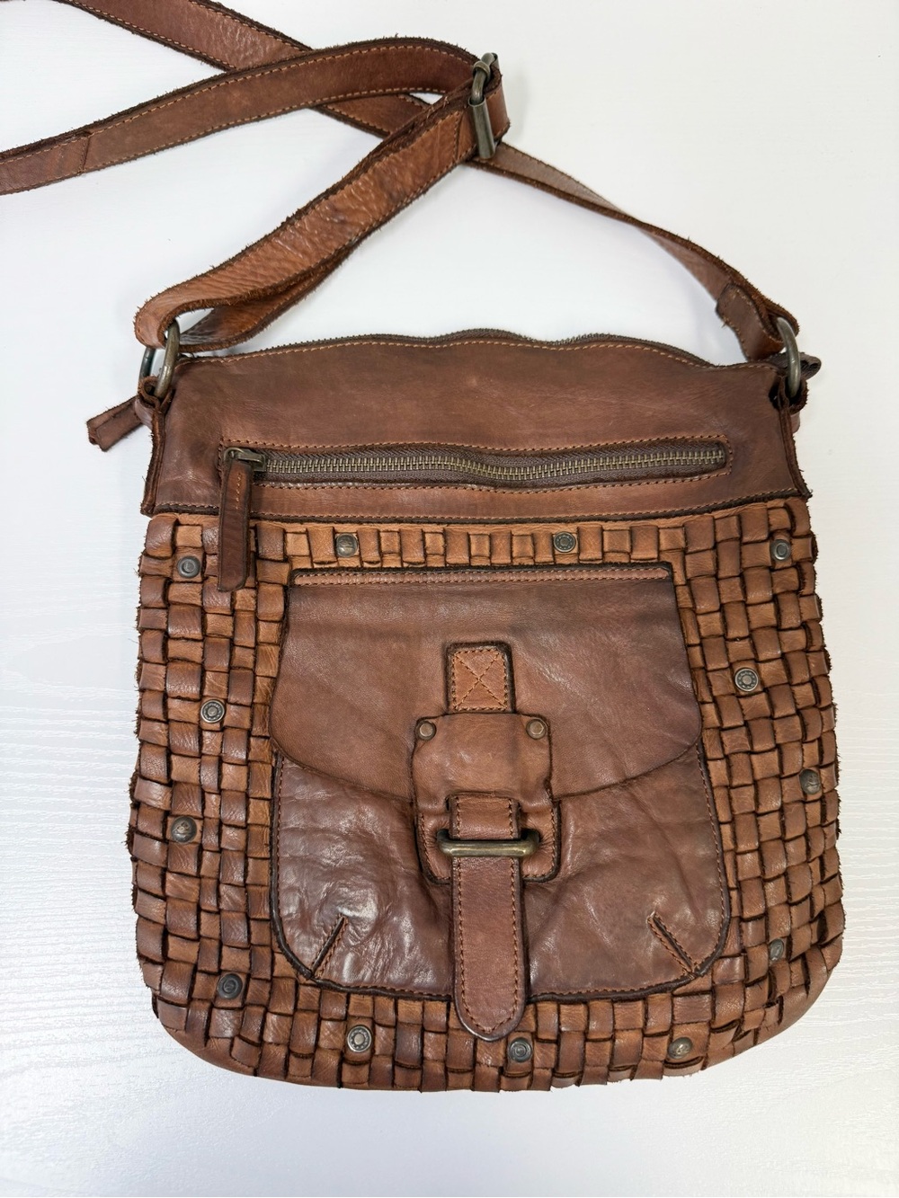 Harbour 2nd Tuula Woven Leather Crossbody Bag Distressed Purse Cognac